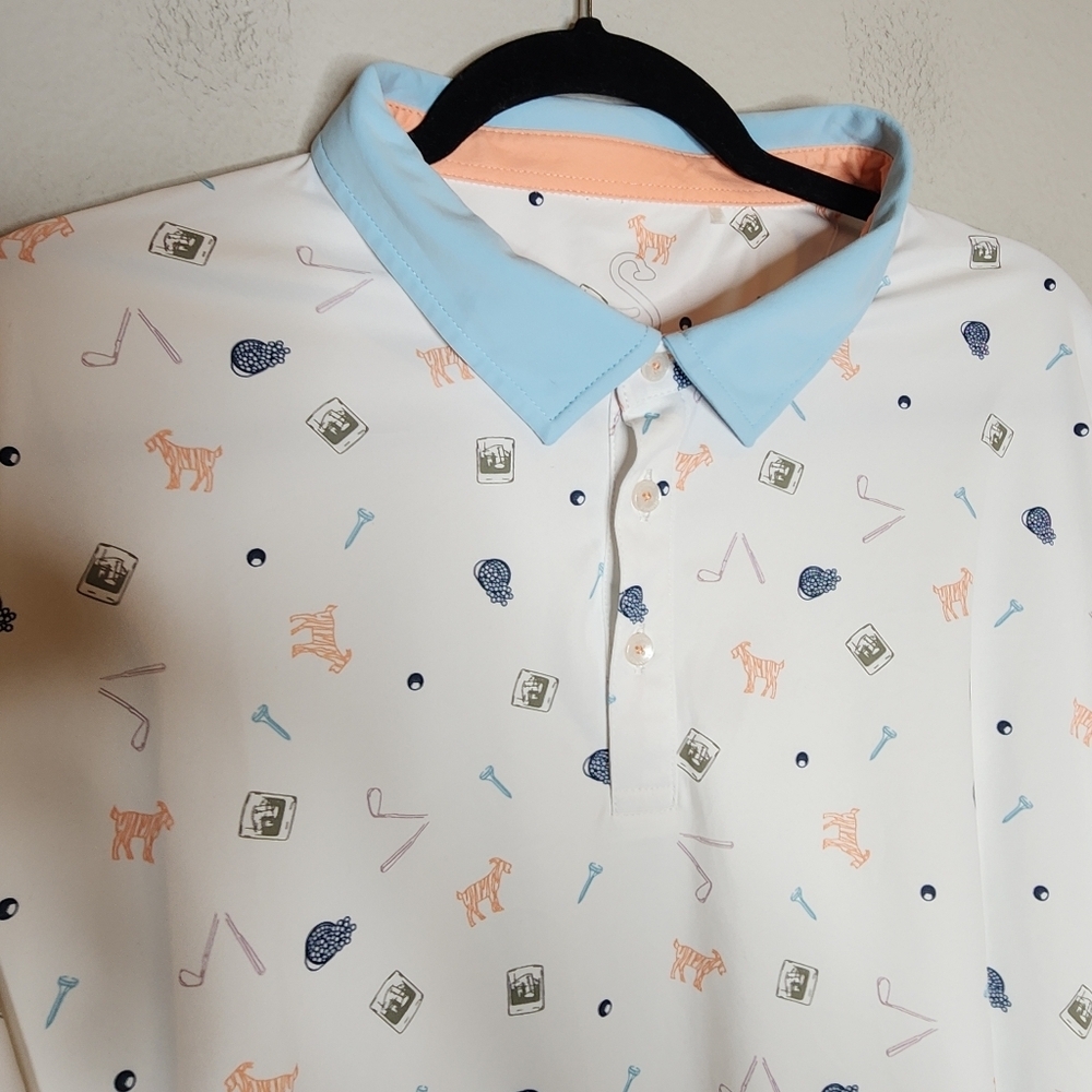 Swannies Amendt Print Golf Polo Sunset White Goat Tee Golf Balls Men's Size 2XL - Picture 8 of 16